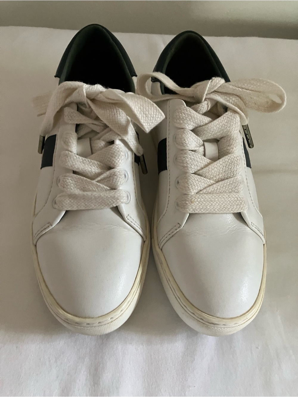 KATE SPADE White Leather Sneakers with Dark Green Heel and Side Stripe
